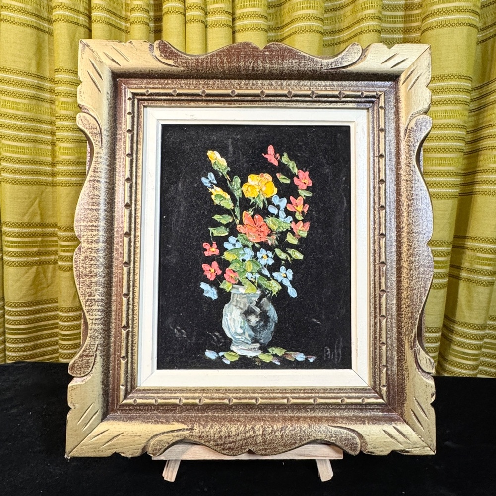 Vintage original oil painting on velvet, Bouquet, wide wood frame